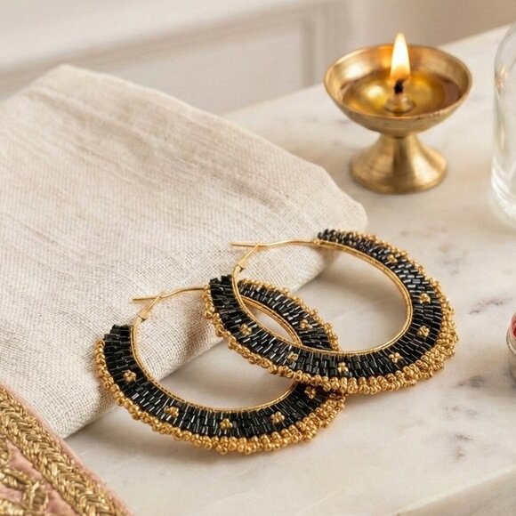 Indian Artisan Beaded Boho Chic Stylish Handmade Statement Hoop Earrings - Picture 11 of 13